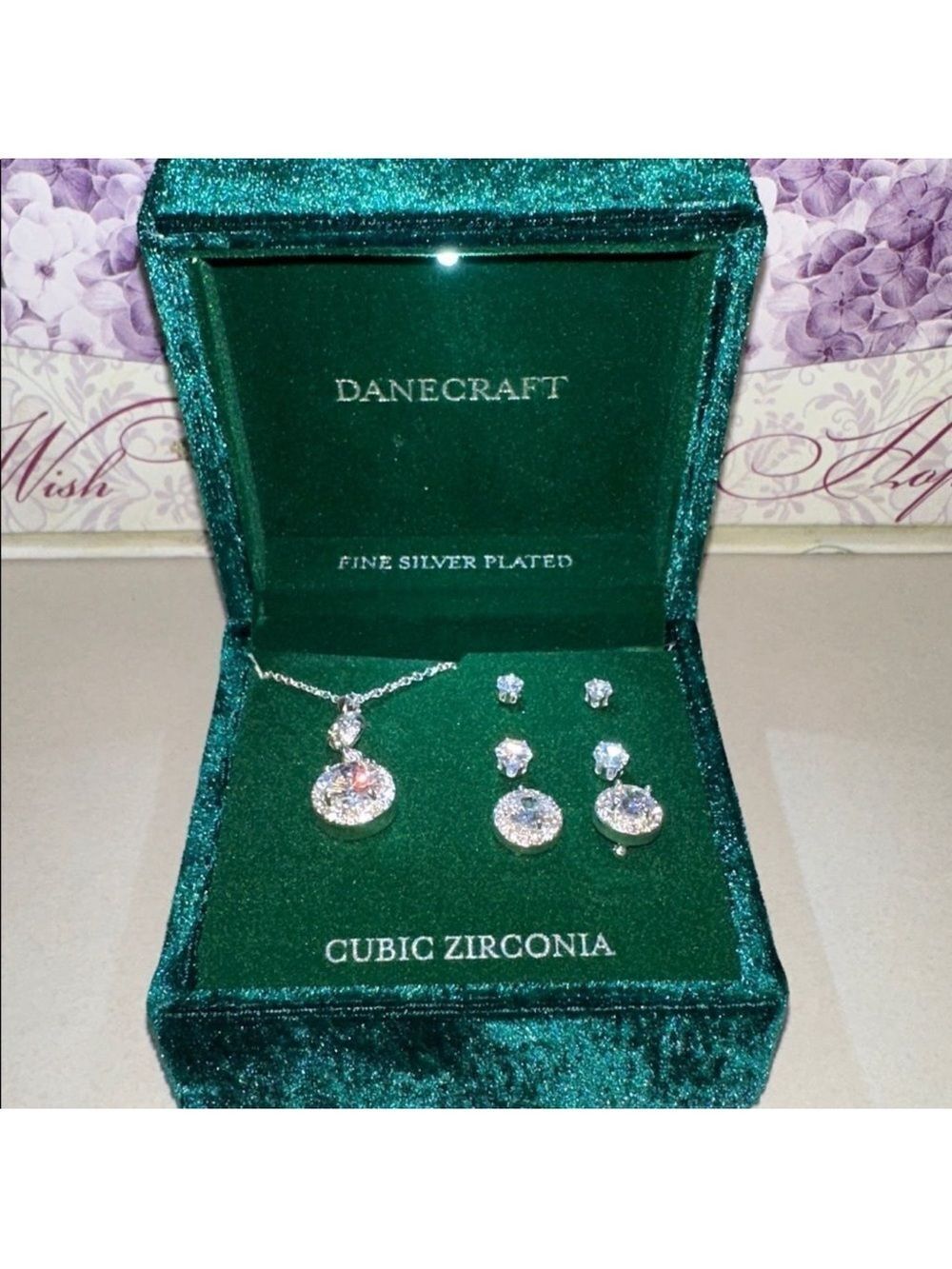 DANECRAFT Gift Set Fine Silver Necklace Cubic Zirconia 3 sets of Stud Earrings